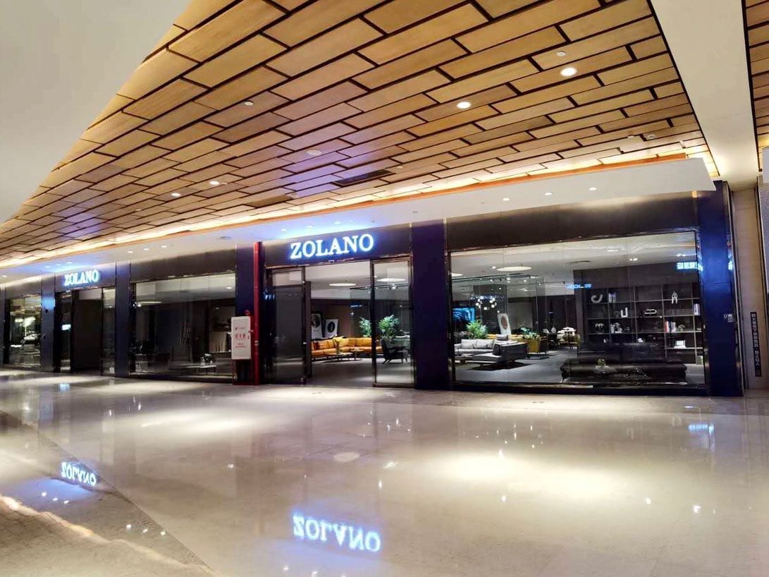 Zolano flagship store in Dong Guan, China, showcasing modern retail design and branding.