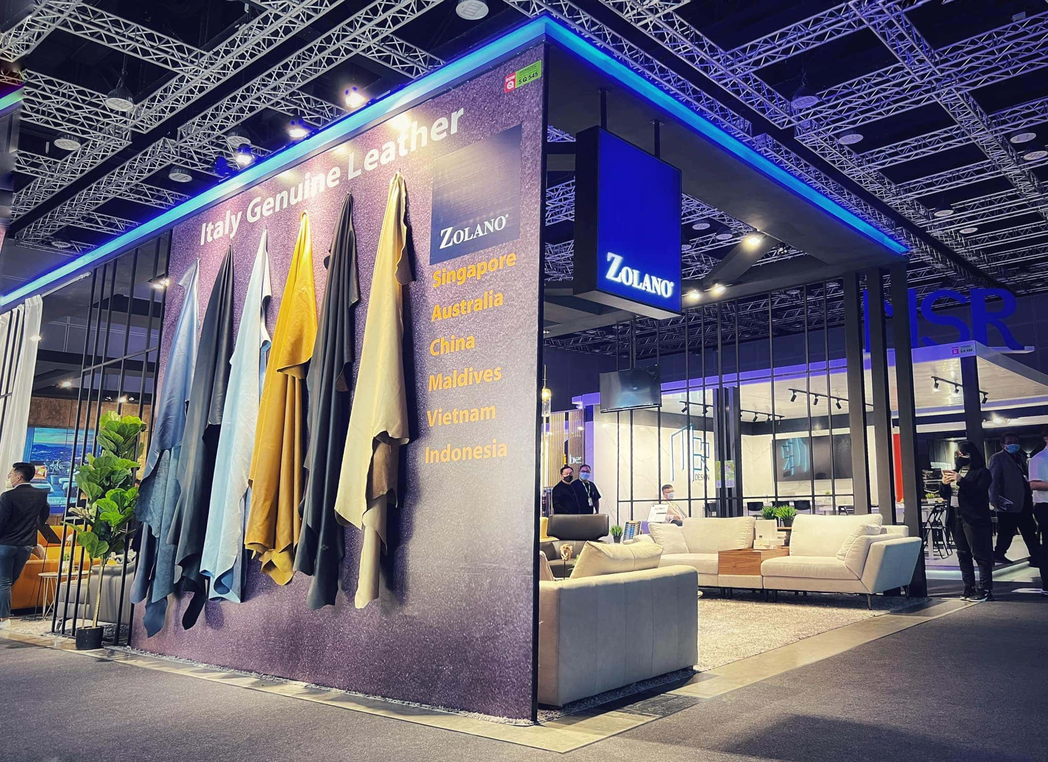 High-quality leather sofas display at Zolano booth at HOMEDec 2022 exhibition.