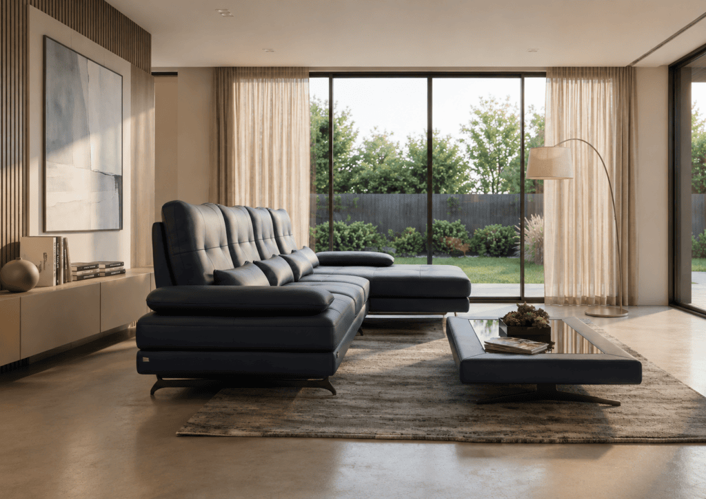 Modern living room with black leather sofa and large glass windows overlooking garden.
