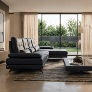 Modern living room with black leather sofa and large glass windows overlooking garden.