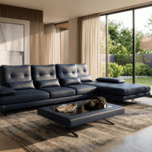 Modern living room with navy blue sectional sofa and large glass windows.