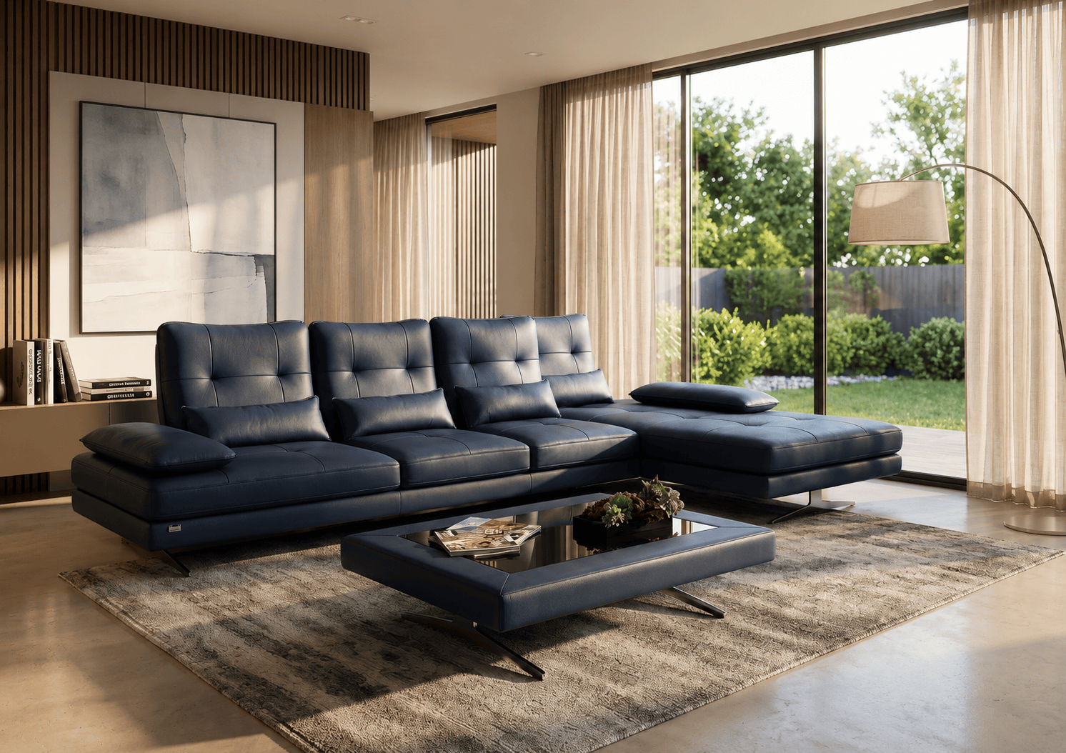 Modern living room with navy blue sectional sofa and large glass windows.