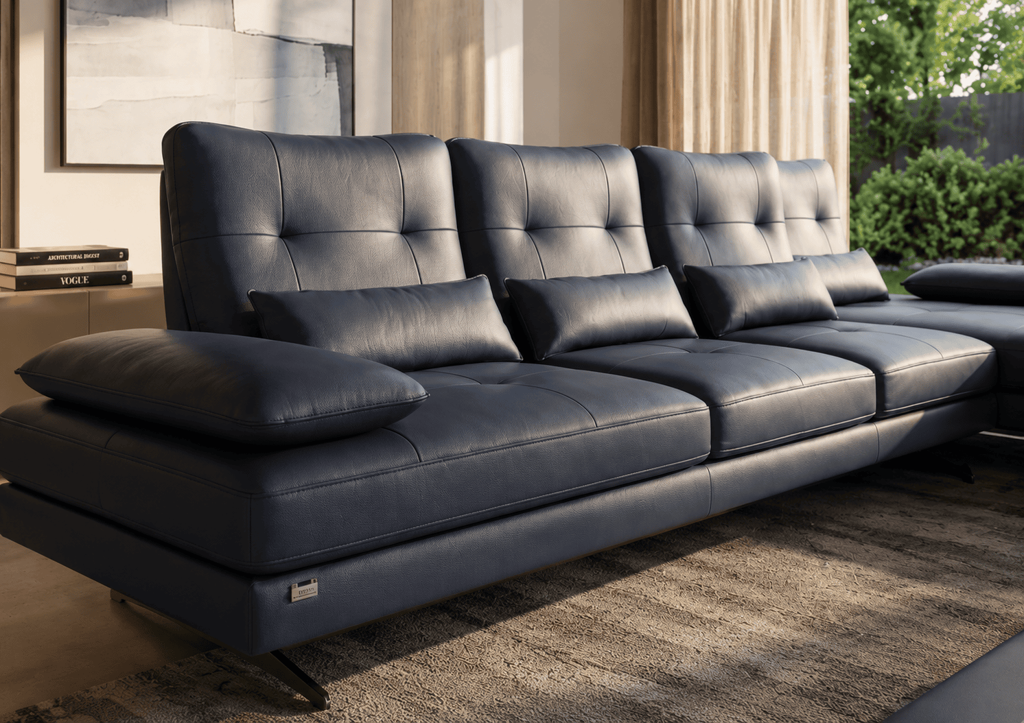 Modern black leather sofa with cushions in a stylish living room setting.
