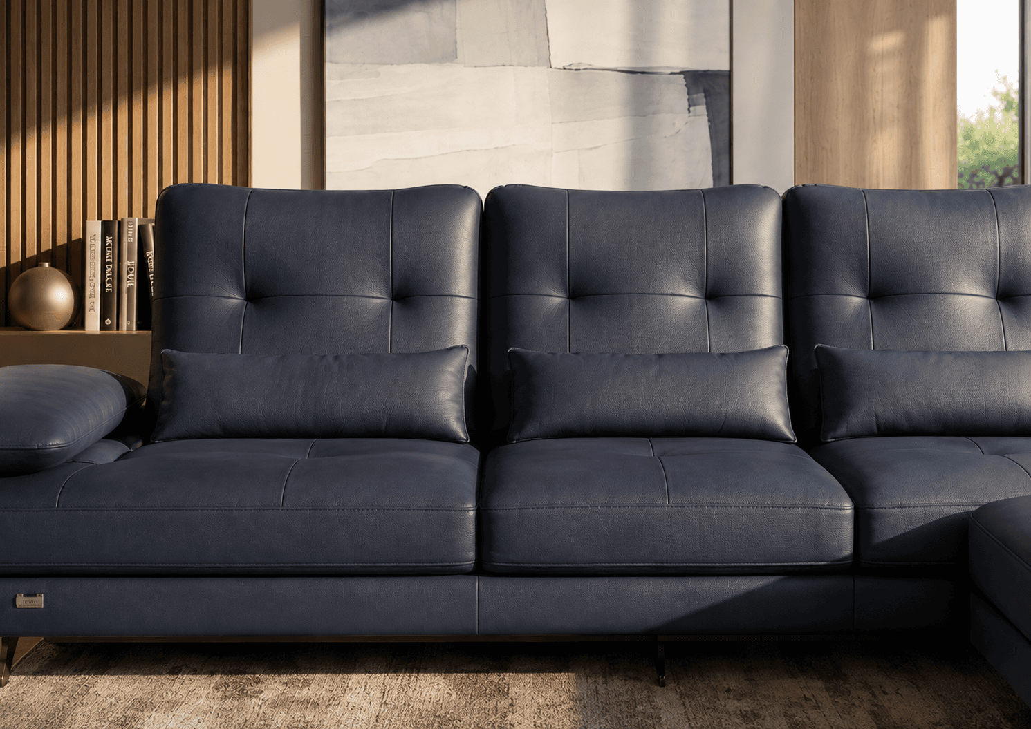 Modern navy blue leather sofa in stylish living room with wooden accents.