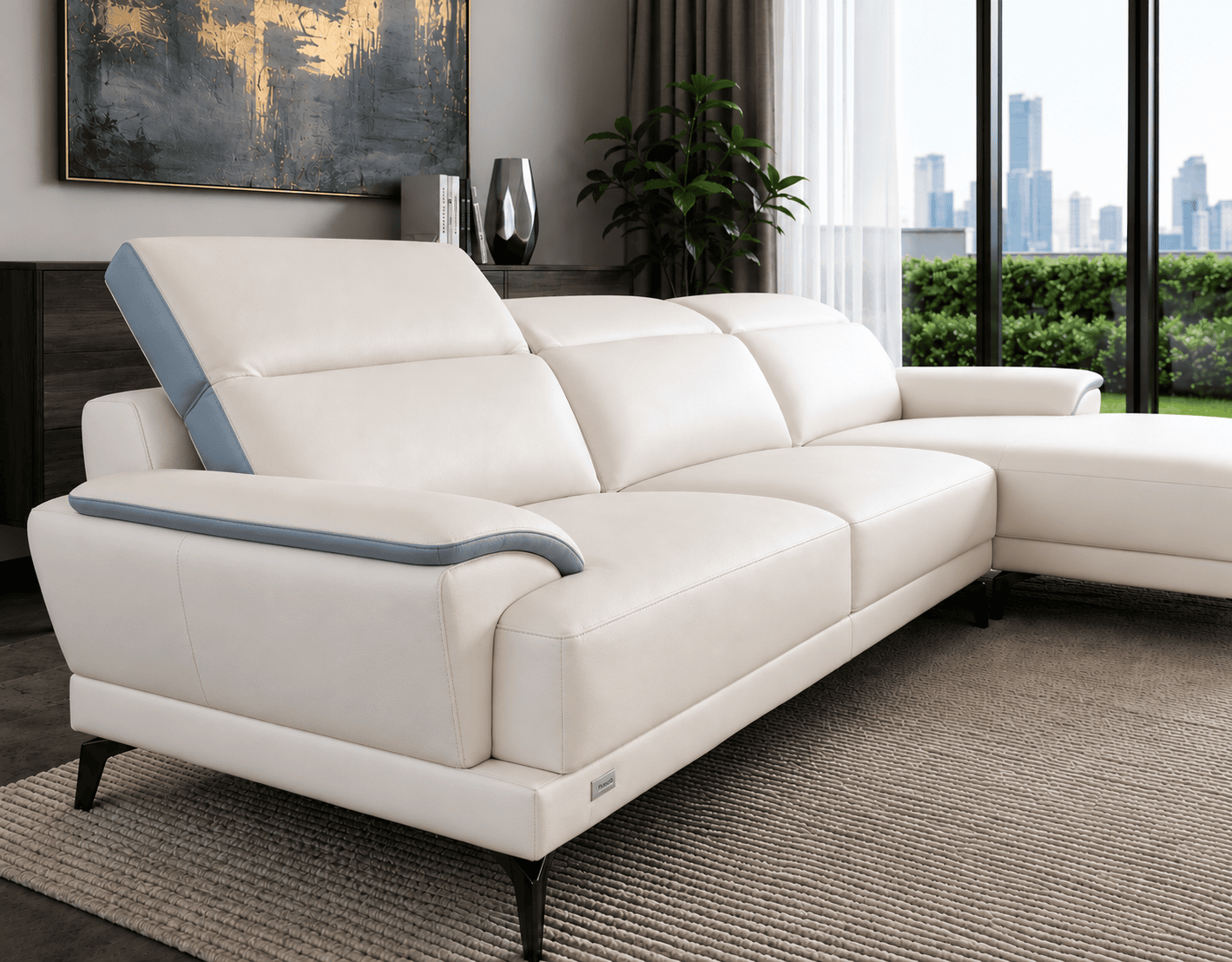 Modern white leather sofa with grey accents in stylish living room with city view.