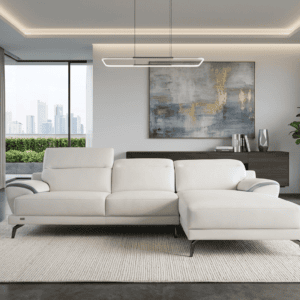 Modern living room with white sofa and city view in Austin.
