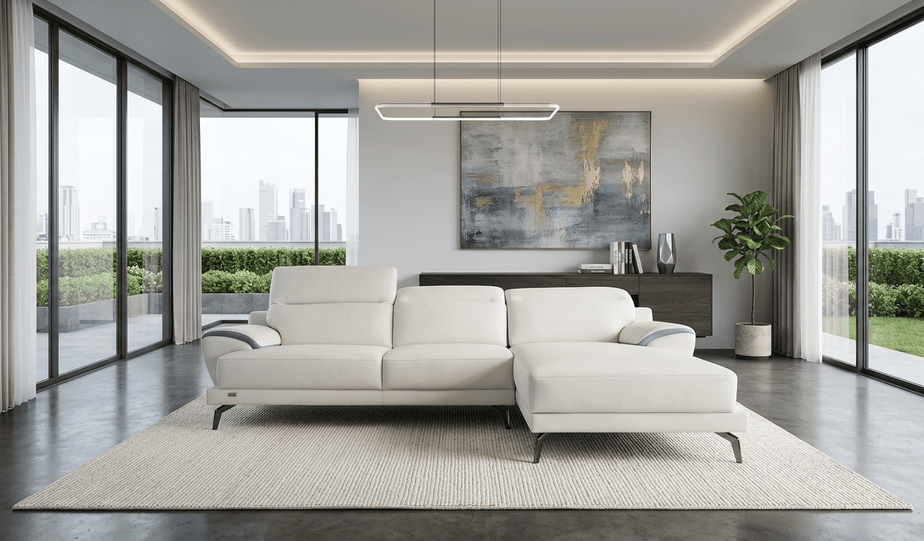 Modern living room with white sofa and city view in Austin.