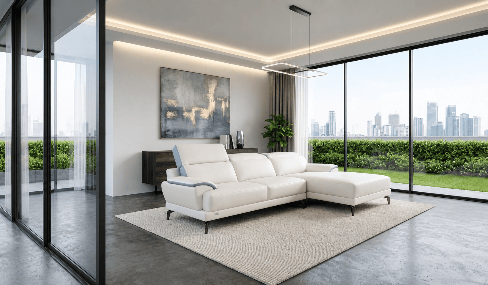 Modern living room with white sofa and city view through large windows.