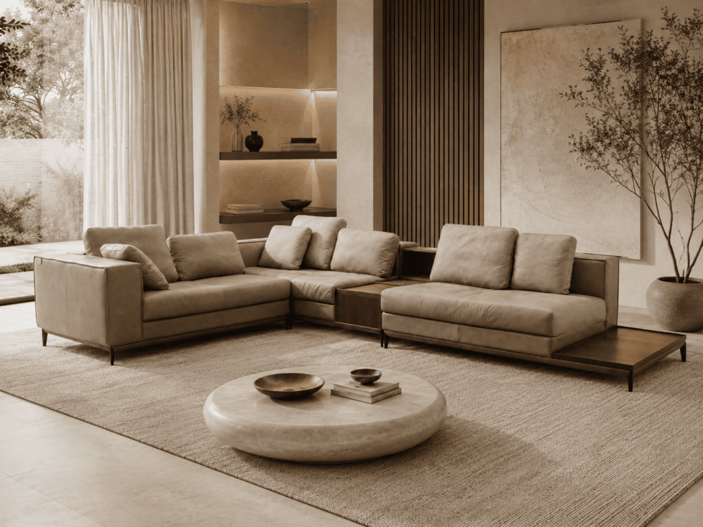 Modern living room with beige sofas, wooden accents, and large window with curtains.