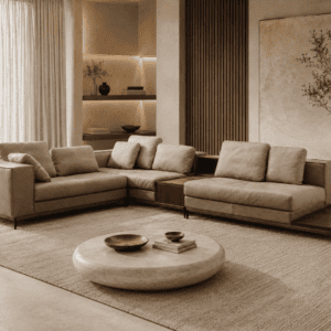 Modern living room with beige sofas, wooden accents, and large window with curtains.