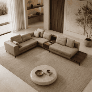 Modern living room with beige sofas, wooden coffee table, and neutral decor.