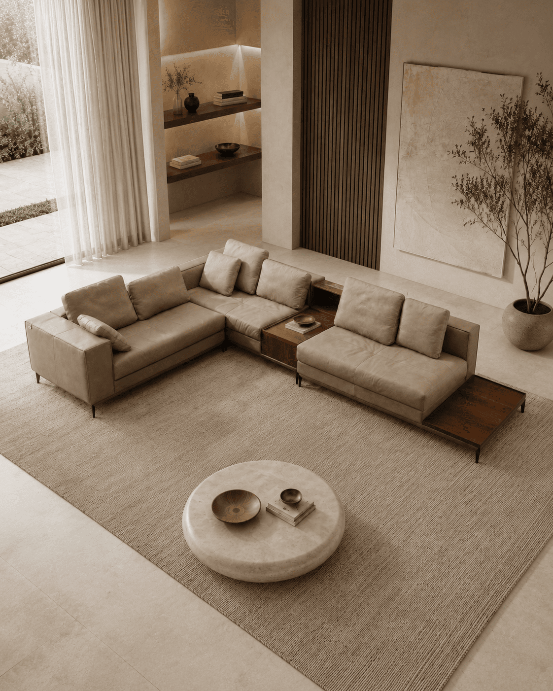 Modern living room with beige sofas, wooden coffee table, and neutral decor.