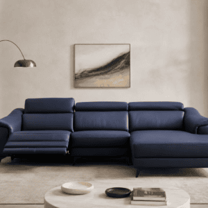Modern navy blue sectional sofa in a minimalist living room with artwork and plants.