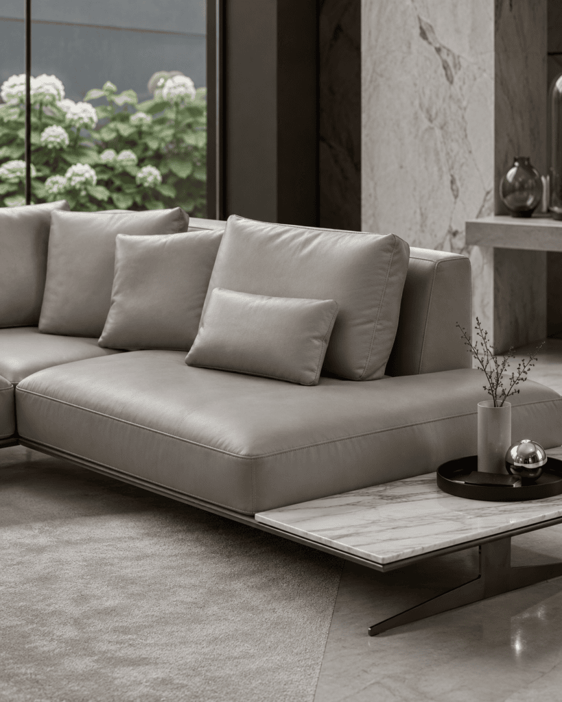 Modern grey sofa with cushions in a stylish living room setting.