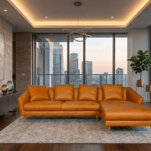 Modern living room with orange sofa and city skyline view from large windows.