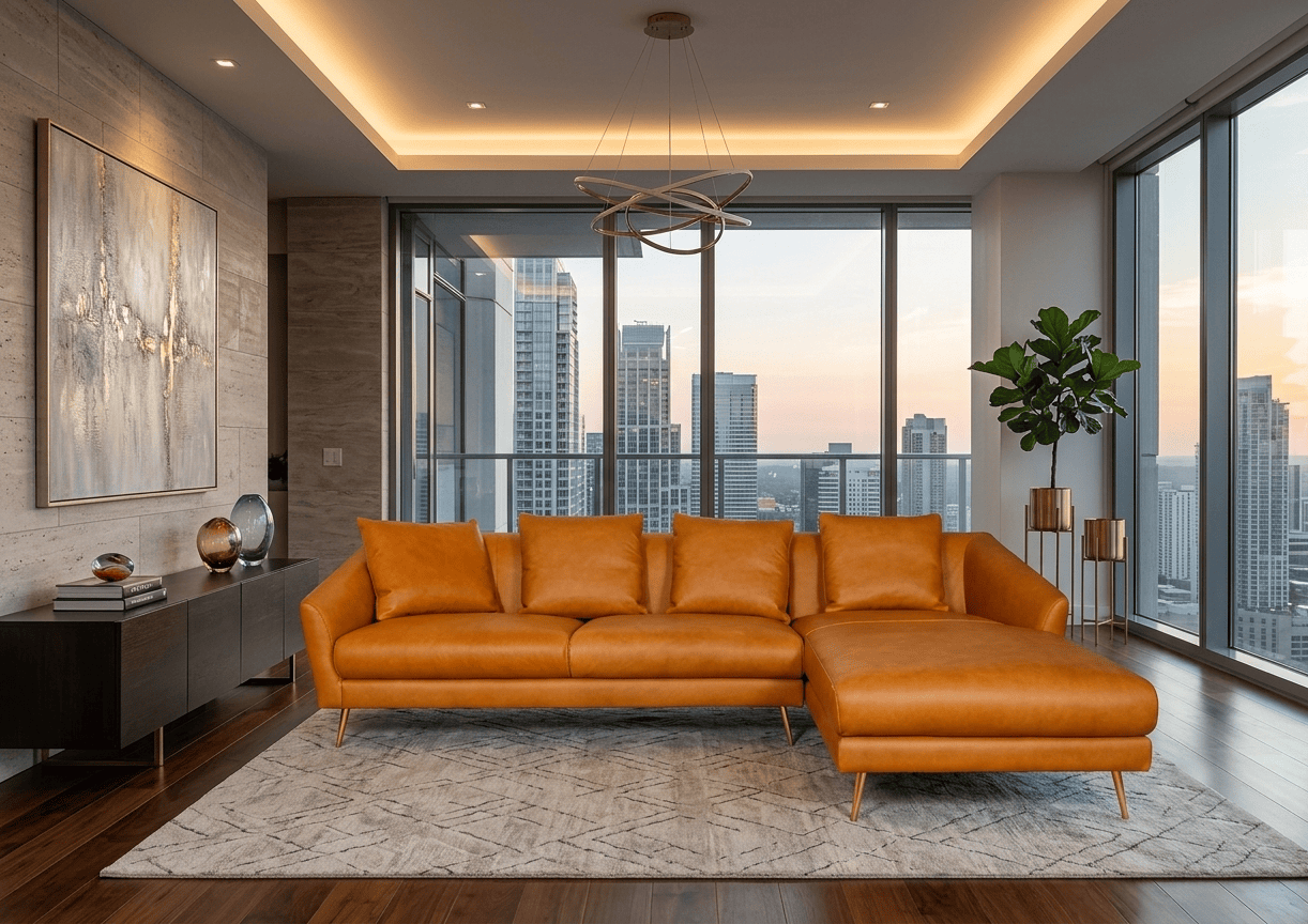 Modern living room with orange sofa and city skyline view from large windows.