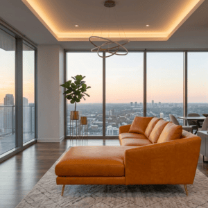 Modern living room with large windows and city view at sunset.