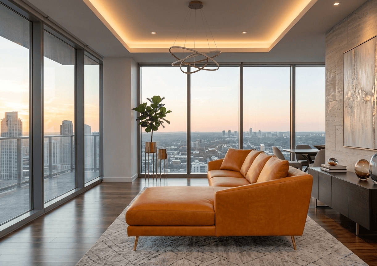 Modern living room with large windows and city view at sunset.