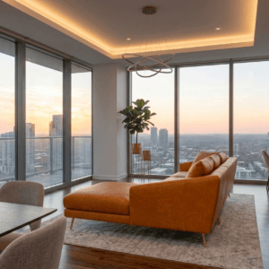 Modern living room with large windows and city skyline view at sunset.
