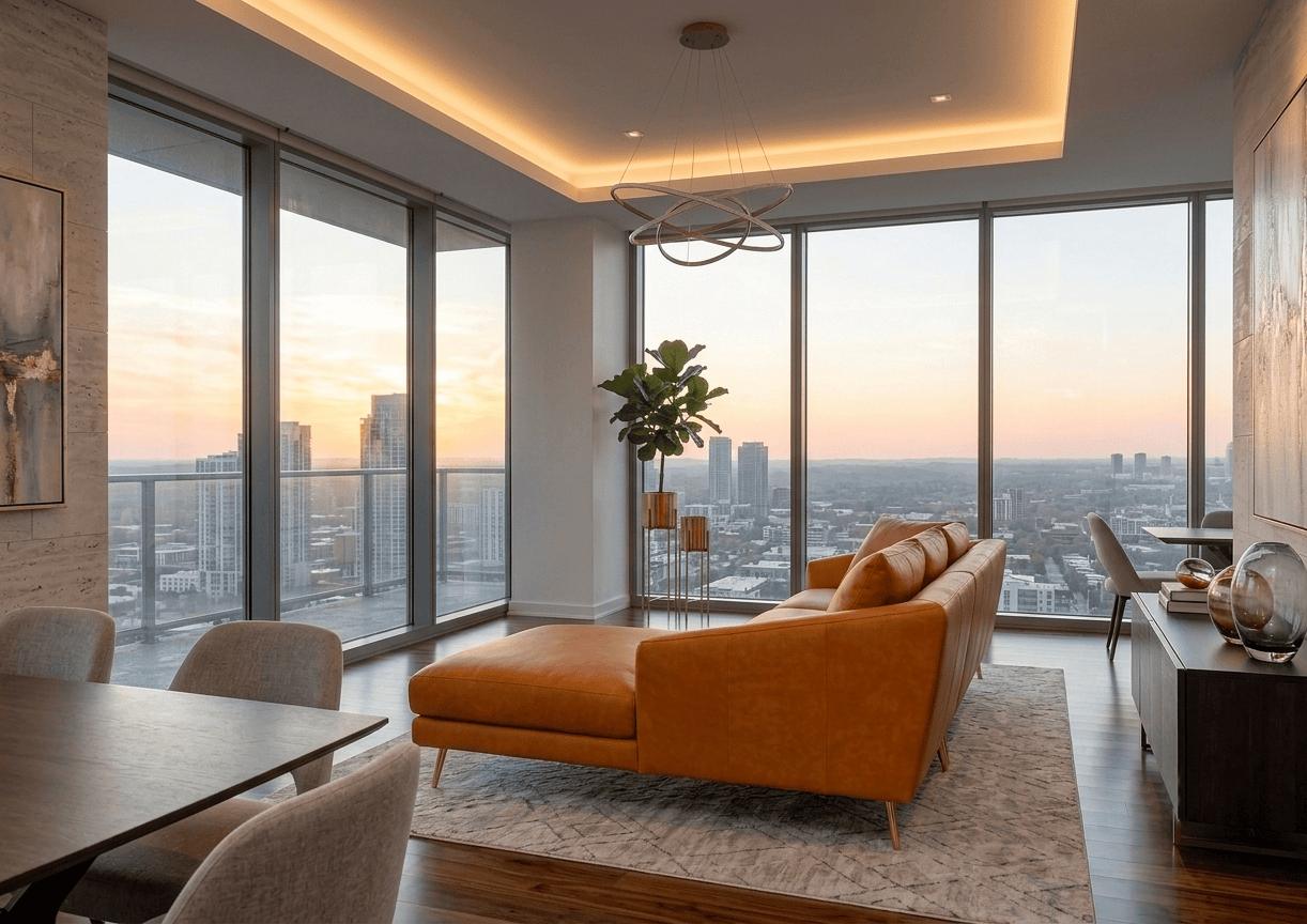 Modern living room with large windows and city skyline view at sunset.