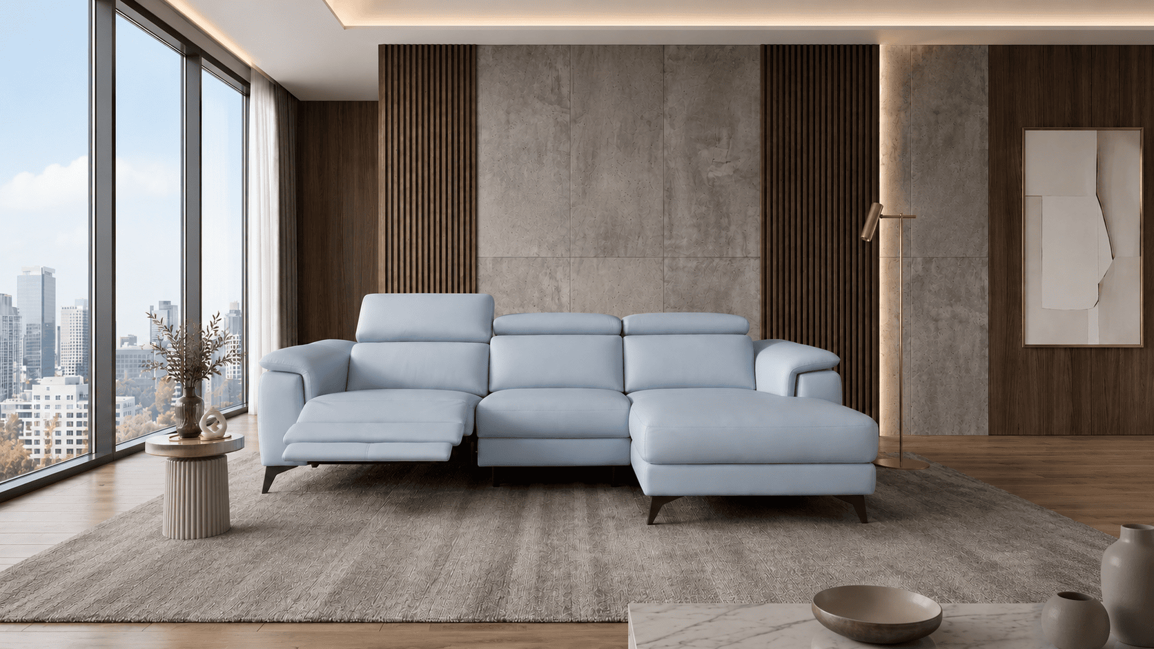 Modern living room with light blue sofa, large windows, and city view.