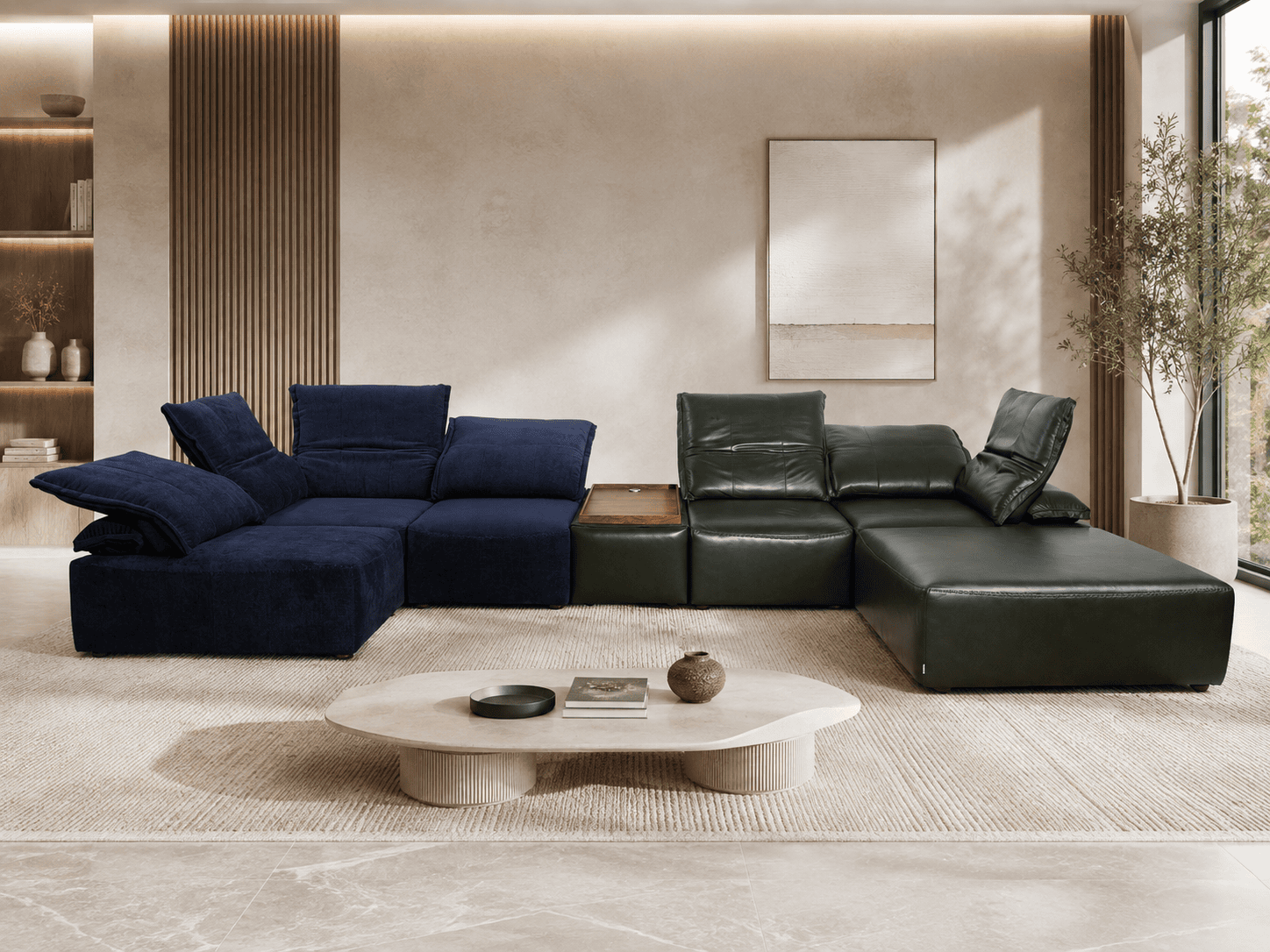 Modern living room with navy and green sectional sofas, coffee table, and natural light.