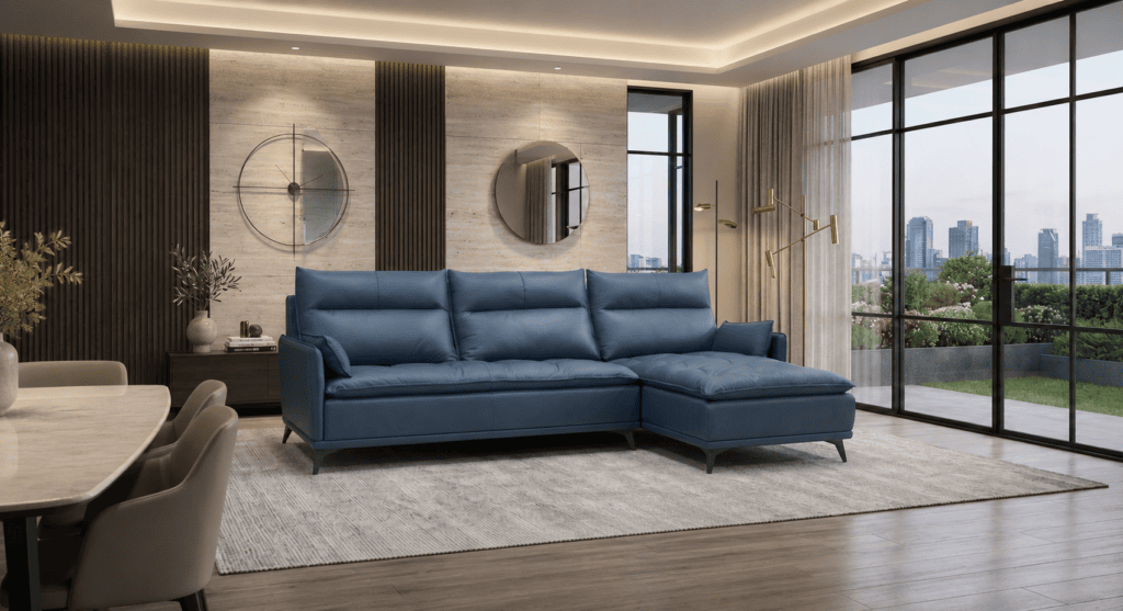 Modern living room with blue sofa, large windows, and city view in the background.