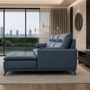 Modern living room with blue sofa, large windows, and city skyline view.