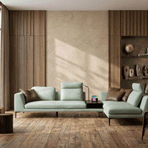 Modern living room with large window, wooden flooring, and minimalist furniture.