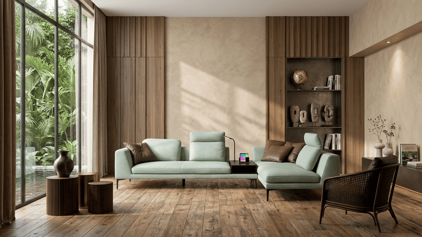 Modern living room with large window, wooden flooring, and minimalist furniture.