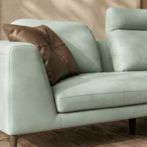 Modern mint green sofa with brown cushion in stylish living room setting.
