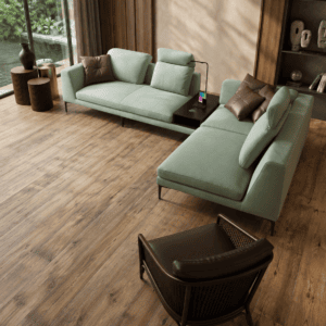 Modern living room with mint green sofas, wooden flooring, and large window view.
