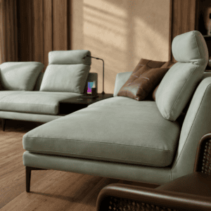 Modern living room with stylish green sofas and wooden decor in Perugia.