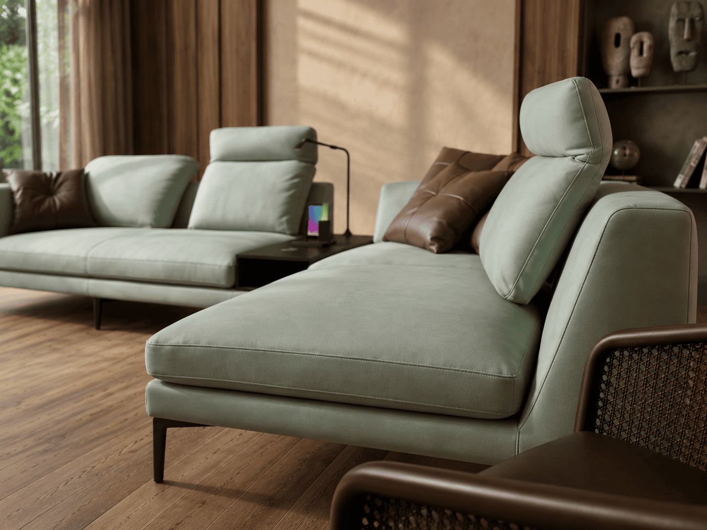 Modern living room with stylish green sofas and wooden decor in Perugia.