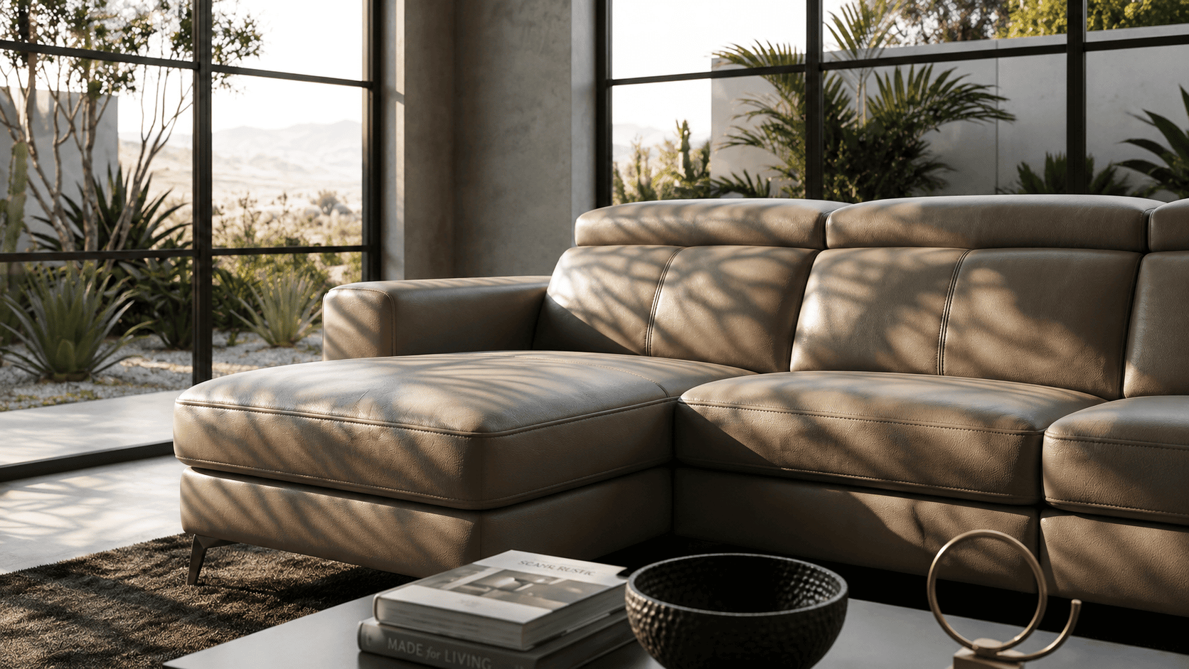 Modern beige leather sofa in a bright, stylish living room with large windows.