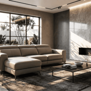 Modern living room with large window, beige sofa, and sleek fireplace.