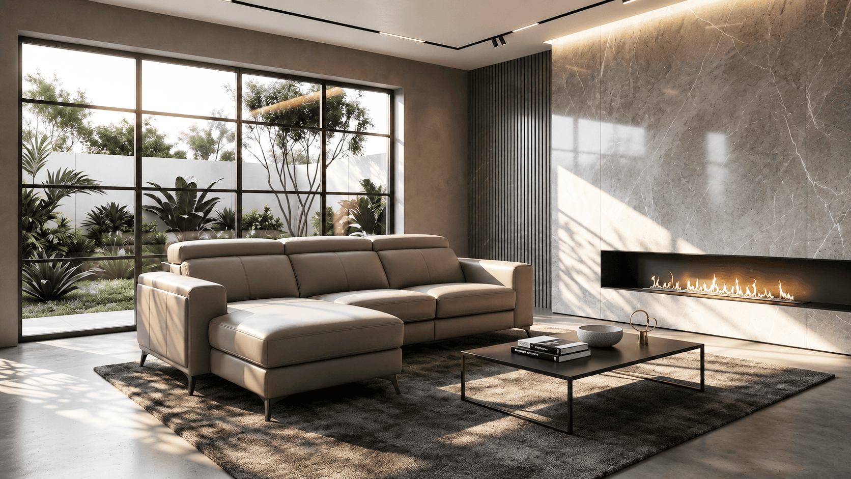 Modern living room with large window, beige sofa, and sleek fireplace.