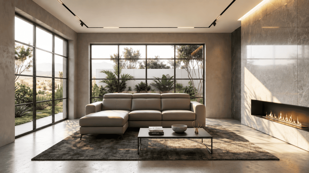 Modern living room with large windows, beige sofa, and fireplace, bright and spacious.