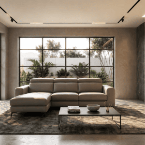 Modern living room with large windows, beige sofa, and fireplace, bright and spacious.
