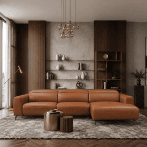 Modern living room with brown leather sofa, wooden accents, and large windows.