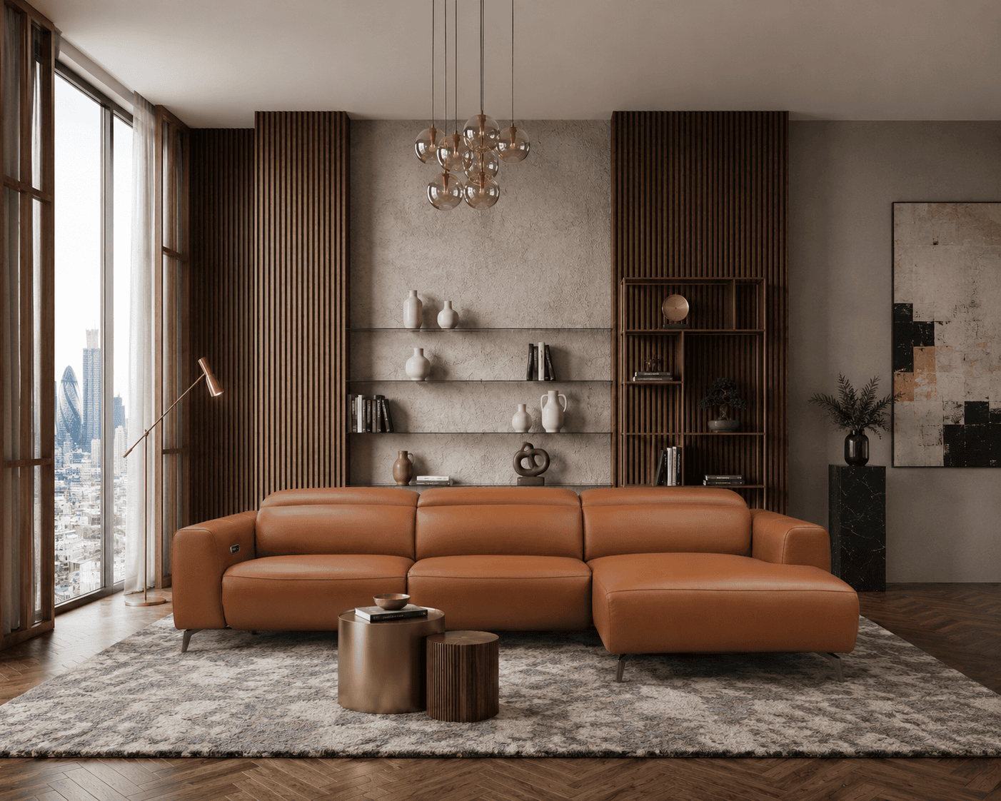 Modern living room with brown leather sofa, wooden accents, and large windows.