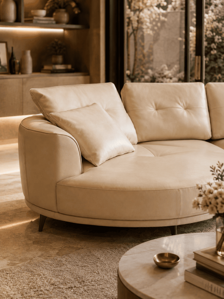 Elegant cream sofa with cushions in a modern living room with large windows and natural light.