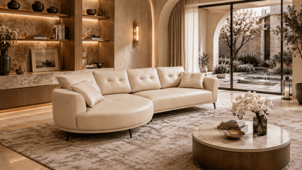 Elegant living room with cream sofa, wooden shelves, and large window with garden view.