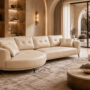 Elegant living room with cream sofa, wooden shelves, and large window with garden view.
