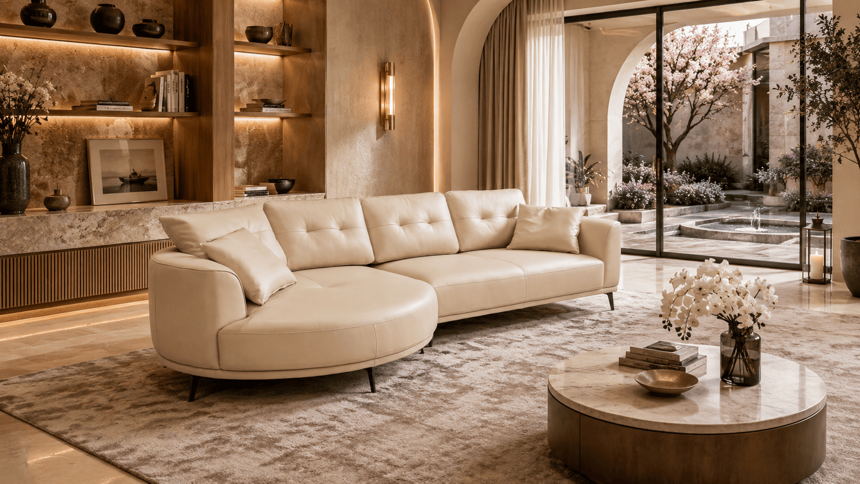 Elegant living room with cream sofa, wooden shelves, and large window with garden view.