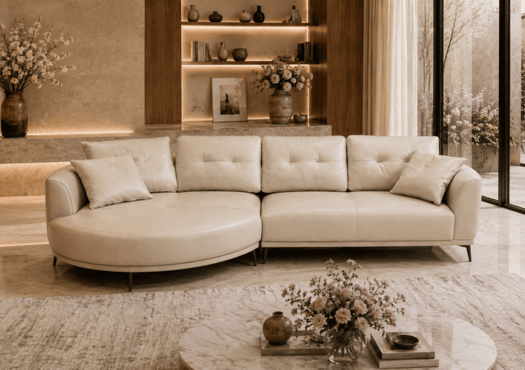 Elegant cream sectional sofa in a modern living room with natural light and floral decor.