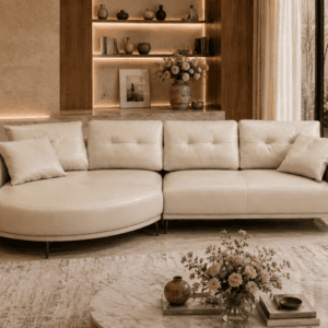 Elegant cream sectional sofa in a modern living room with natural light and floral decor.
