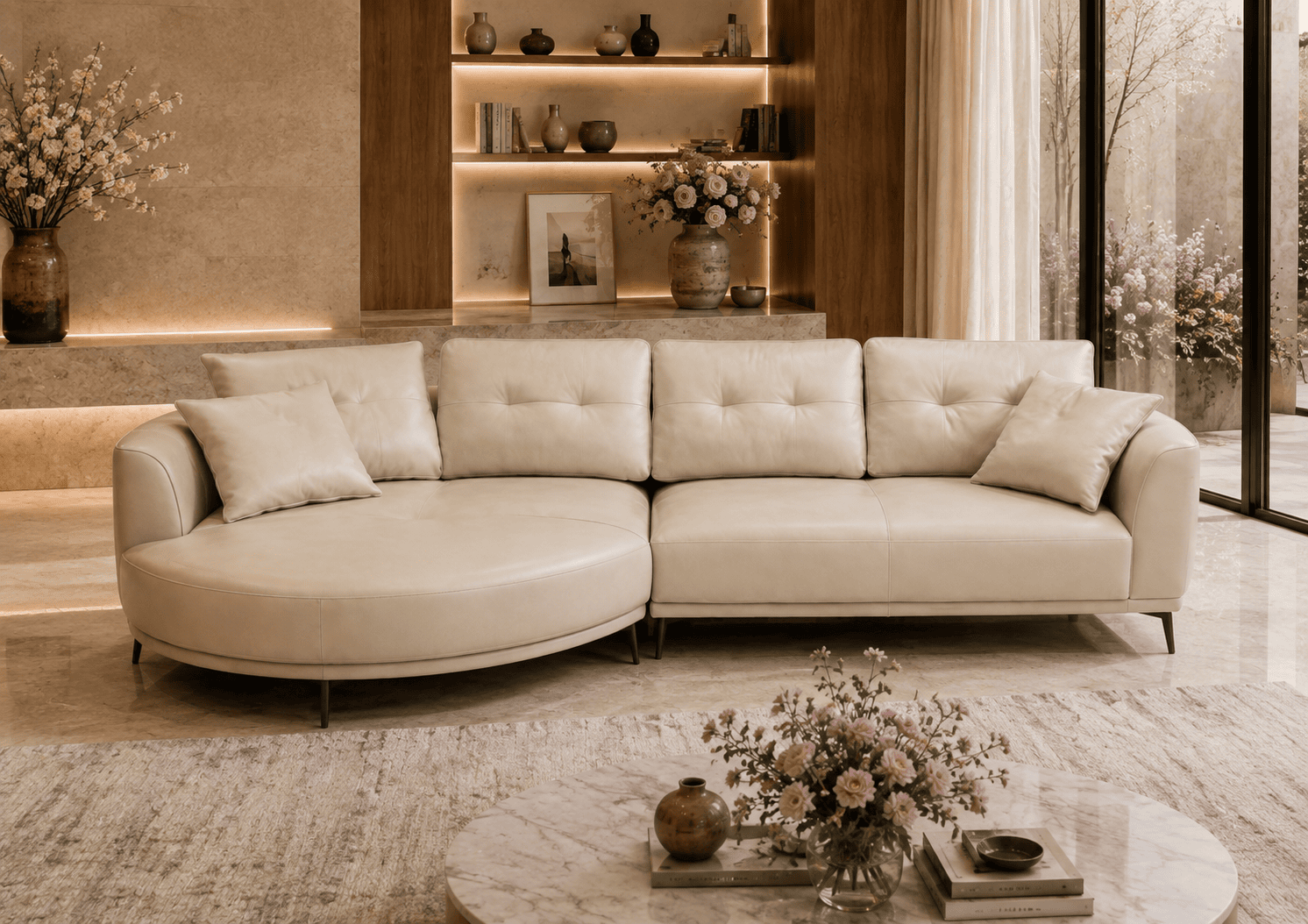 Elegant cream sectional sofa in a modern living room with natural light and floral decor.