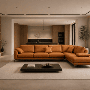 Modern living room with orange sectional sofa, minimalist decor, and large windows.