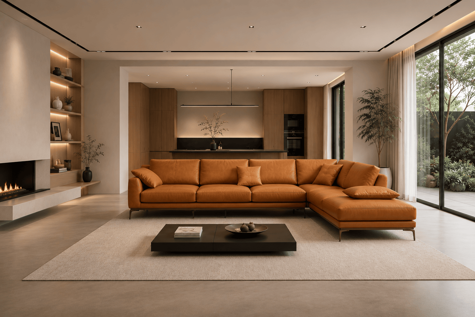Modern living room with orange sectional sofa, minimalist decor, and large windows.